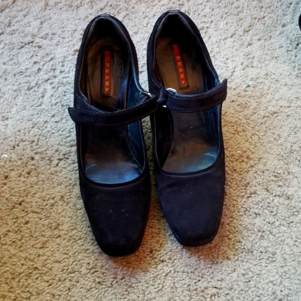 Authentic Prada Black Suede Maryjane Wedges size 8